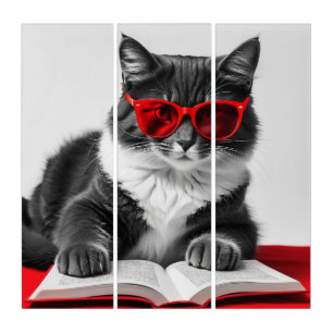 Cat Reading Book 3 Set Wall Canvas Triptych