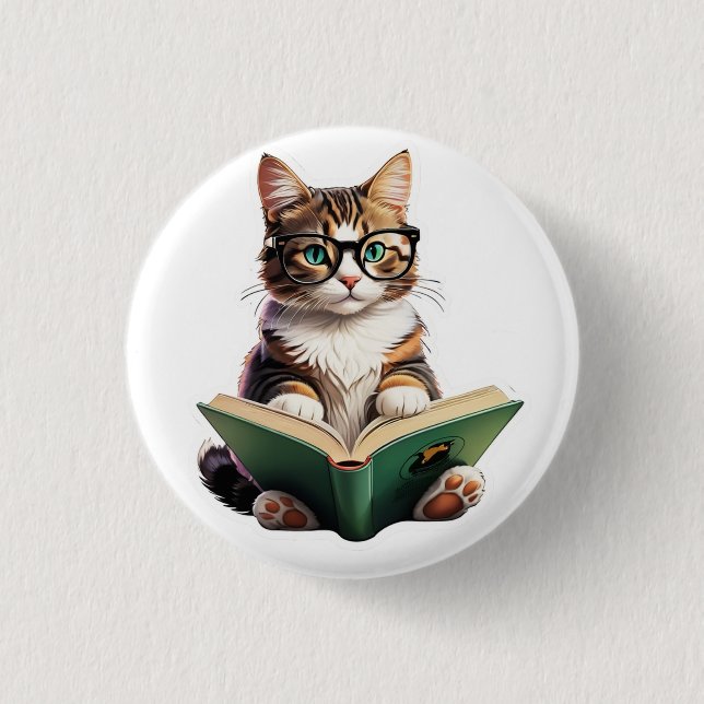 Cat Reading Book  Button (Front)
