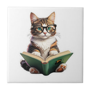 Cat Reading Book  Ceramic Tile