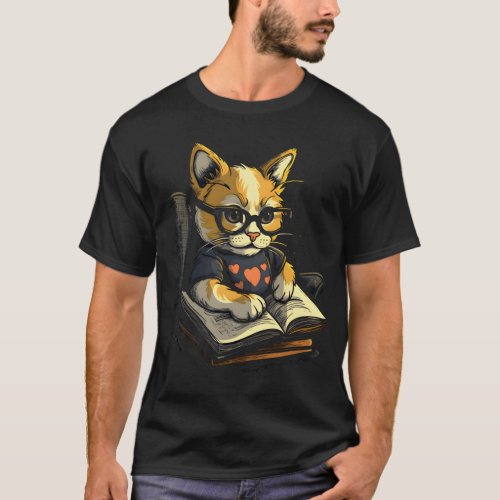 Cat Reading Book Kitten Reader Bookworm Cats Kawai T_Shirt