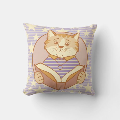 Cat Reading Book Purple Throw Pillow