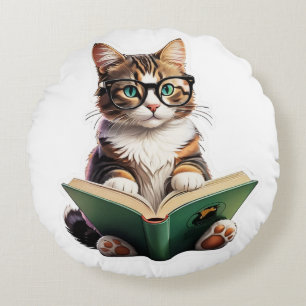 Cat Reading Book Round Pillow