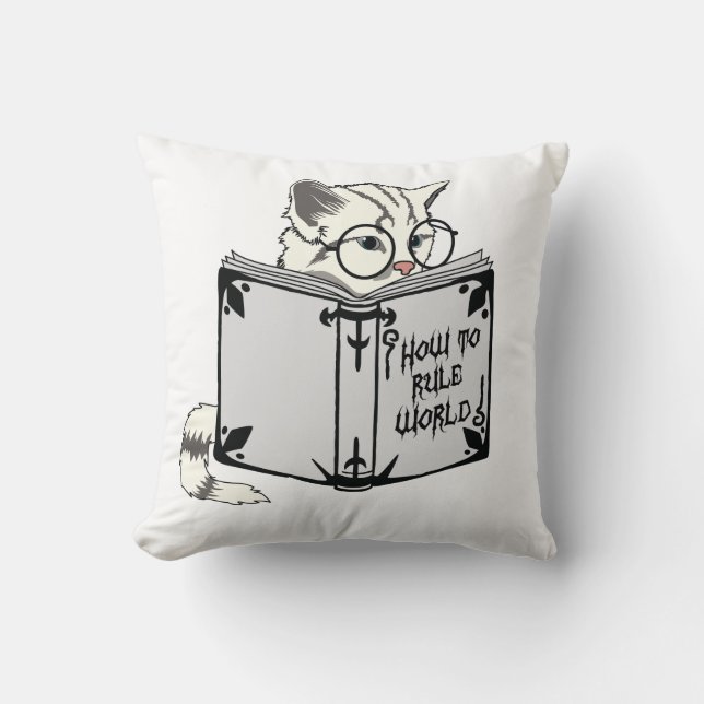 Cat Reading Book Throw Pillow (Front)