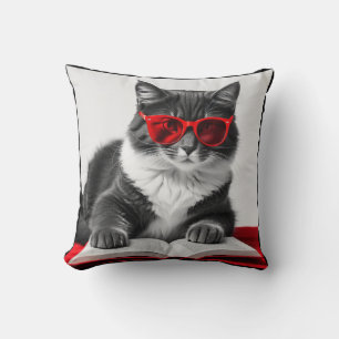 Cat Reading Book Throw Pillow