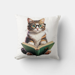 Cat Reading Book  Throw Pillow