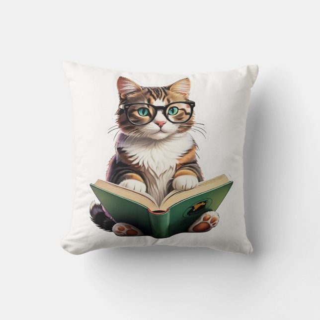 Cat Reading Book  Throw Pillow (Front)
