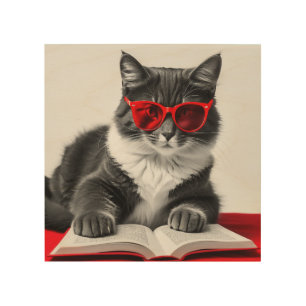 Cat Reading Book Wood Wall Art