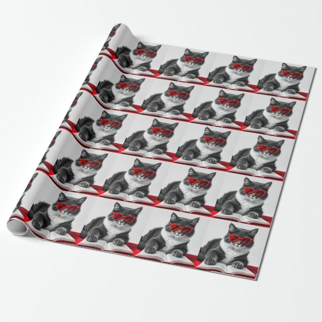 Cat Reading Book Wrapping Paper (Unrolled)
