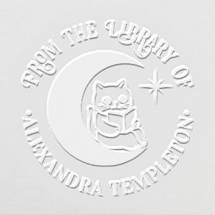 Cat Reading in a Crescent Moon Library Book Name Embosser