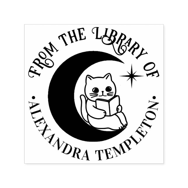 Cat Reading in a Crescent Moon Library Book Name Self-inking Stamp (Design)