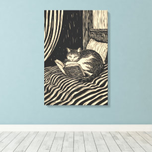 cat reading in bed canvas print