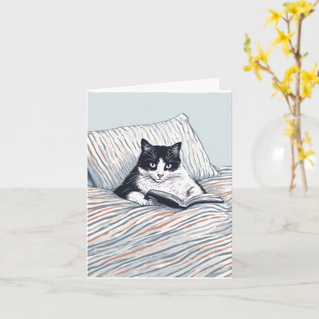 cat reading in bed card (Yellow Flower)