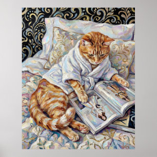 Cat Reading In Bed Cute Wall Art Poster Print