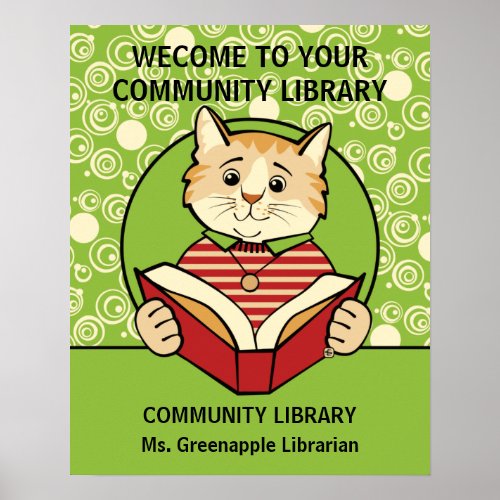 Cat Reading Library Welcome Poster