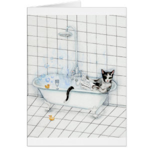 Cat reading newspaper in the bathtub cards