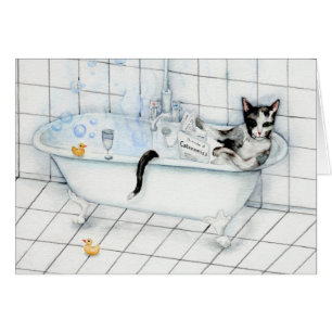 Cat reading newspaper in the bathtub cards