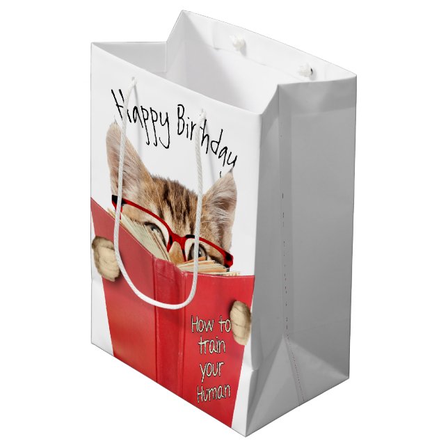 Cat Reading Red Book Birthday Medium Gift Bag (Front Angled)