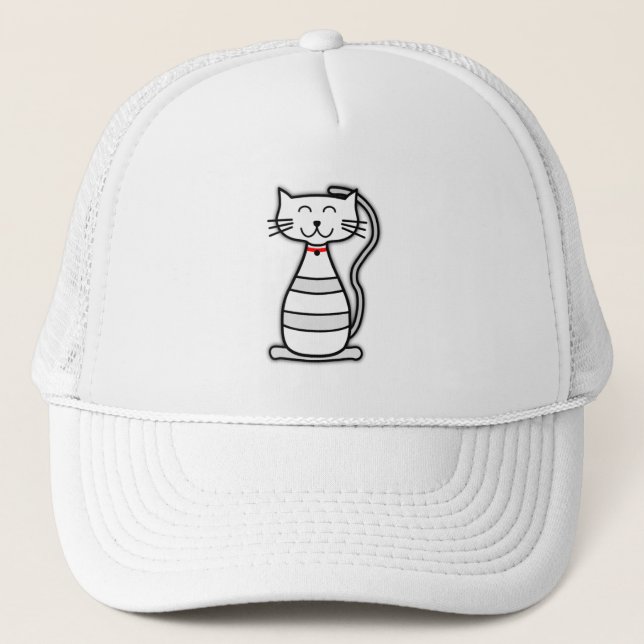 cat red gray black happy white cartoon kitten smil trucker hat (Front)