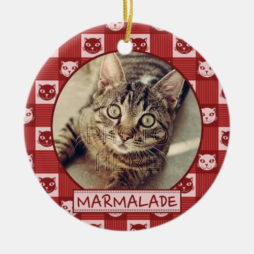 Cat Red Kitty Gingham Cute  Add Custom Photo Name Ceramic Ornament