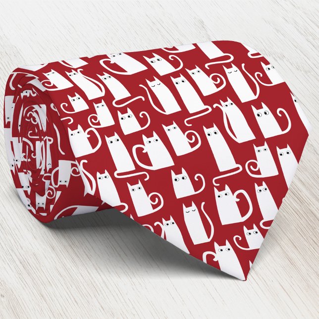 Cat Red White Neck Tie (White cats on a red background fun animal pattern art neck tie)