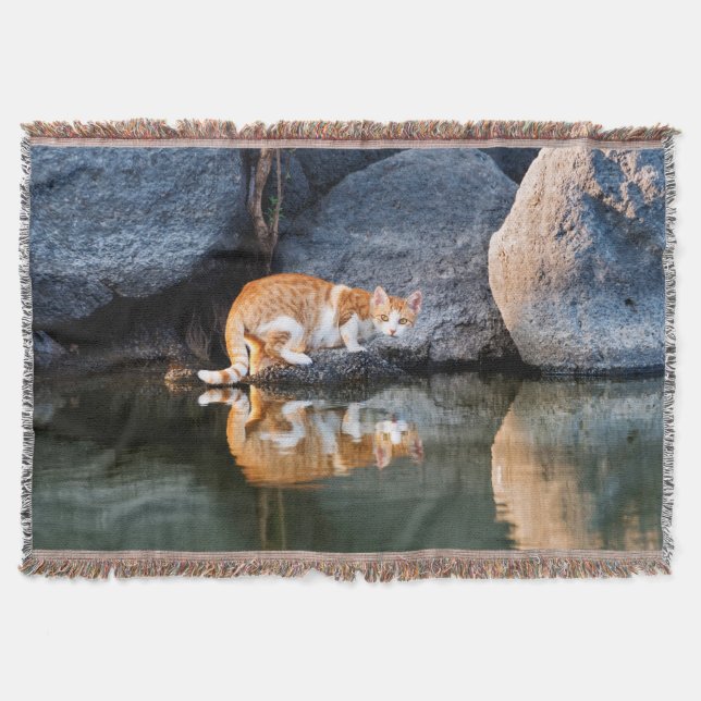 Cat Reflection in Pond Water Funny Photo - Throw Blanket (Front)
