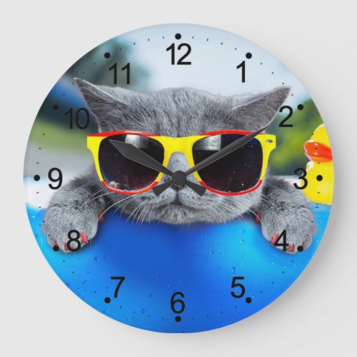 Cat rest in the pool on the air mattress large clock