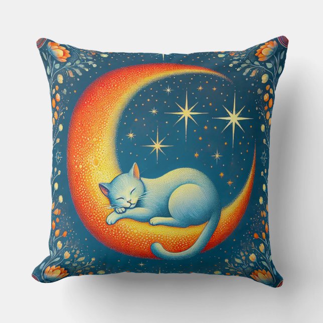Cat Resting on a Crescent Moon at Night Throw Pillow (Front)