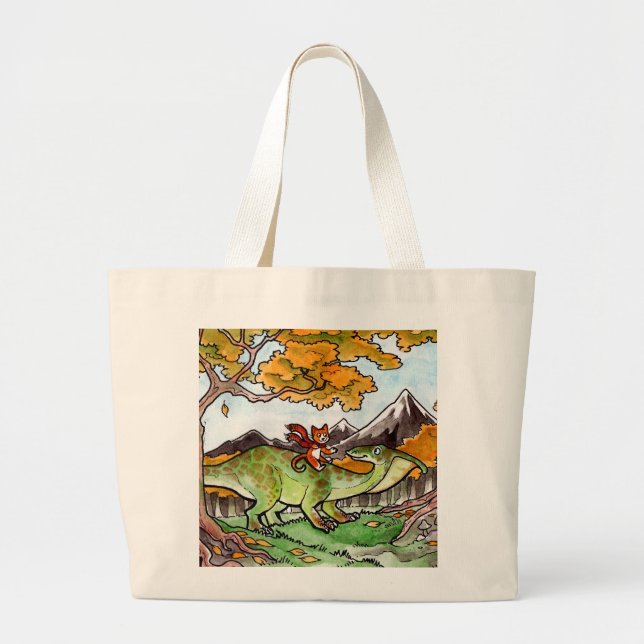 Cat Rides a Dinosaur Large Tote Bag (Front)