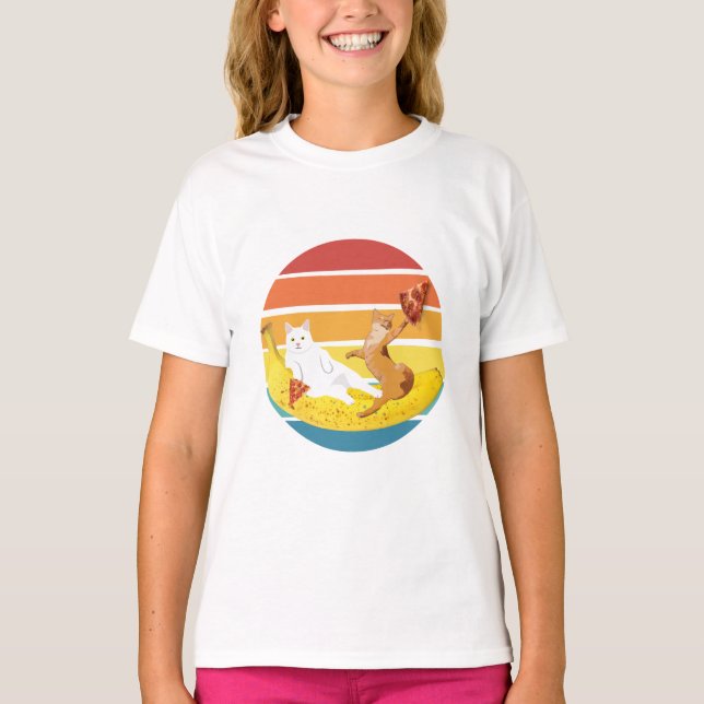 Cat riding banana and holding pizza retro T-Shirt (Front)