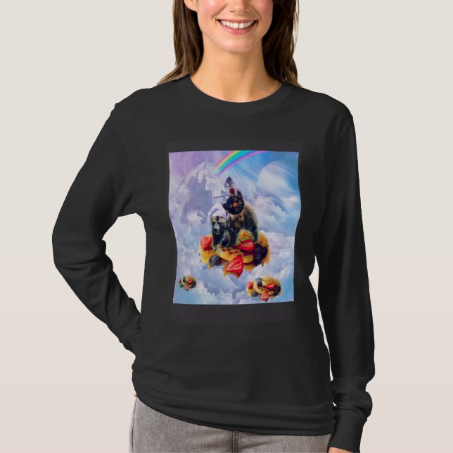 Cat Riding Bear On Clouds And Waffles T-Shirt (Front)