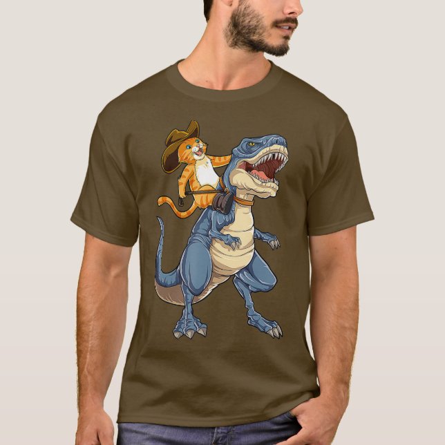 Cat Riding Dinosaur T rex Funny Purrassic Kitty T-Shirt (Front)