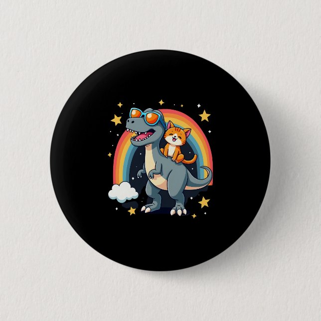 Cat Riding Dinosaur T-Rex Kitten Rainbow Dino Funn Button (Front)