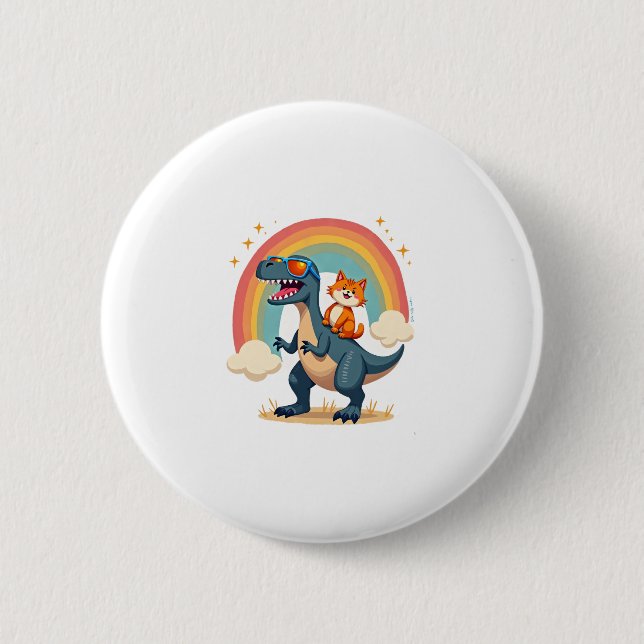 Cat Riding Dinosaur T-Rex Kitten Rainbow Dino Funn Button (Front)