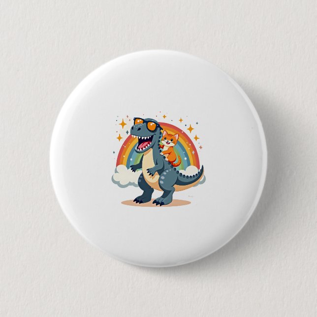 Cat Riding Dinosaur T-Rex Kitten Rainbow Dino Funn Button (Front)
