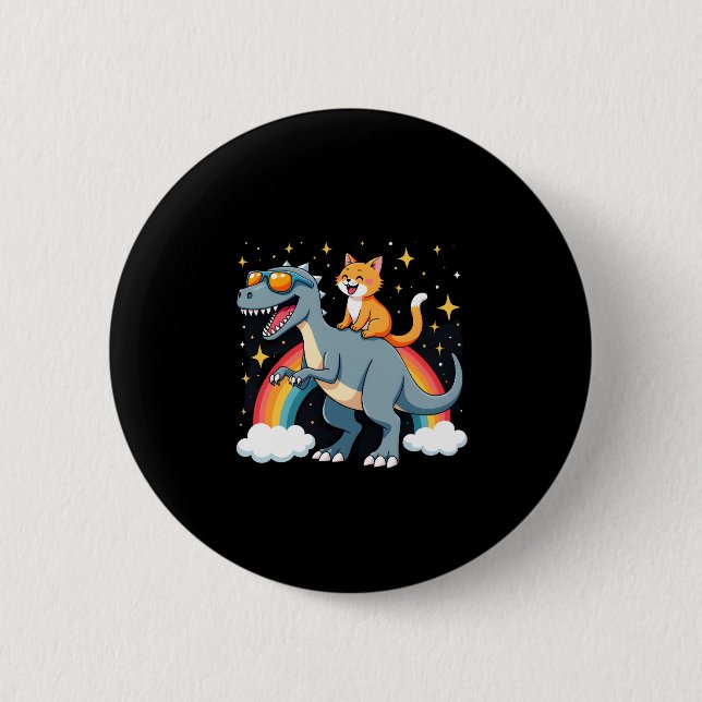 Cat Riding Dinosaur T-Rex Kitten Rainbow Dino Funn Button (Front)
