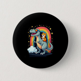 Cat Riding Dinosaur T-Rex Kitten Rainbow Dino Funn Button