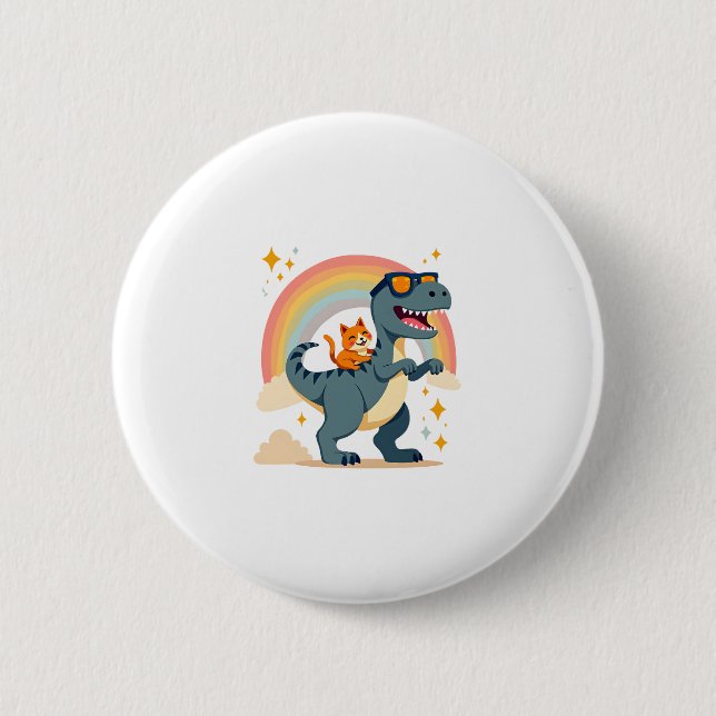 Cat Riding Dinosaur T-Rex Kitten Rainbow Dino Funn Button (Front)