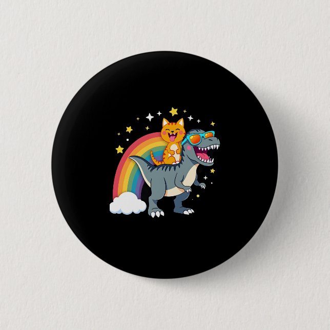 Cat Riding Dinosaur T-Rex Kitten Rainbow Dino Funn Button (Front)