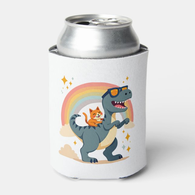 Cat Riding Dinosaur T-Rex Kitten Rainbow Dino Funn Can Cooler (Can Front)