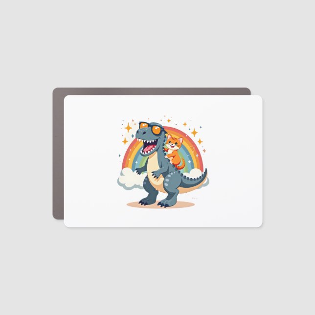 Cat Riding Dinosaur T-Rex Kitten Rainbow Dino Funn Car Magnet (Front)