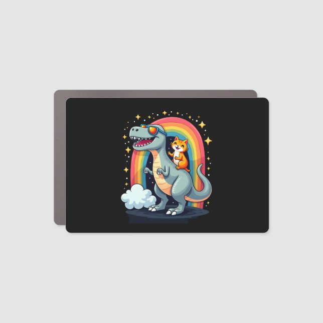 Cat Riding Dinosaur T-Rex Kitten Rainbow Dino Funn Car Magnet (Front)