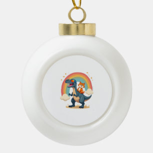 Cat Riding Dinosaur T-Rex Kitten Rainbow Dino Funn Ceramic Ball Christmas Ornament