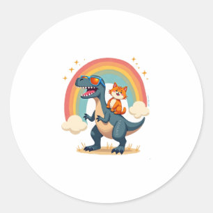 Cat Riding Dinosaur T-Rex Kitten Rainbow Dino Funn Classic Round Sticker