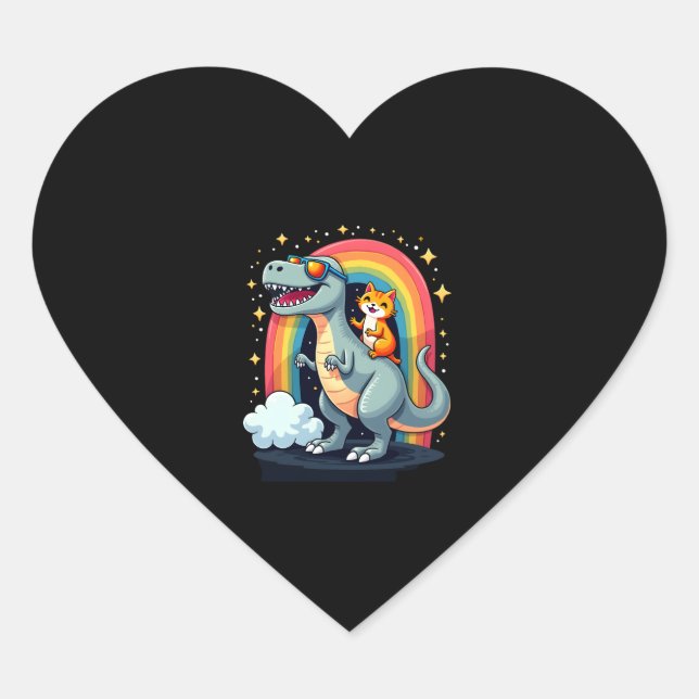 Cat Riding Dinosaur T-Rex Kitten Rainbow Dino Funn Heart Sticker (Front)
