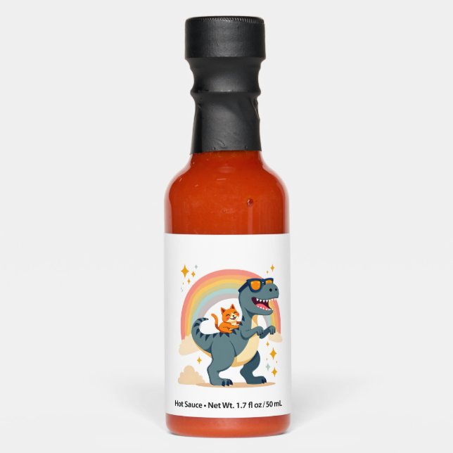 Cat Riding Dinosaur T-Rex Kitten Rainbow Dino Funn Hot Sauces (Front)