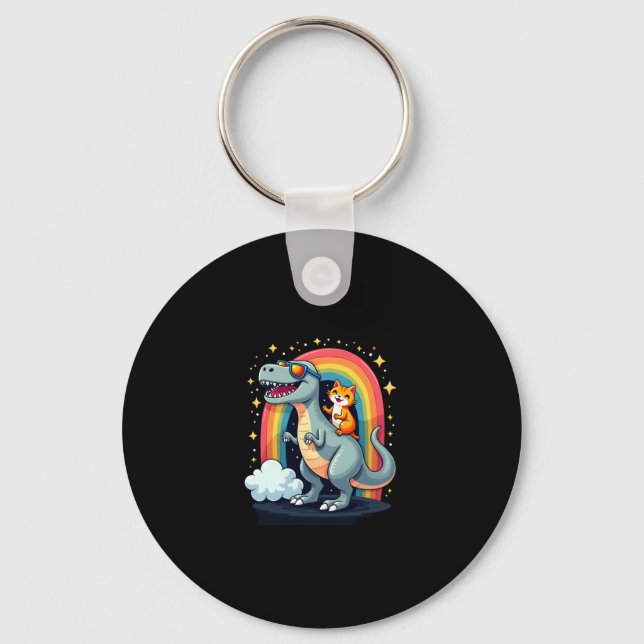 Cat Riding Dinosaur T-Rex Kitten Rainbow Dino Funn Keychain (Front)