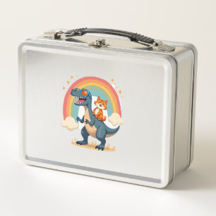 Cat Riding Dinosaur T-Rex Kitten Rainbow Dino Funn Metal Lunch Box