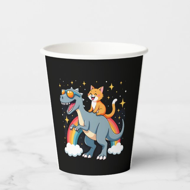 Cat Riding Dinosaur T-Rex Kitten Rainbow Dino Funn Paper Cups (Front)