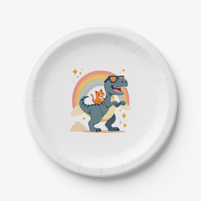 Cat Riding Dinosaur T-Rex Kitten Rainbow Dino Funn Paper Plates (Front)