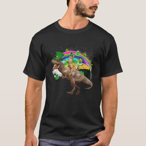 Cat Riding Dinosaur T Rex Leprechaun Hat St Patric T_Shirt